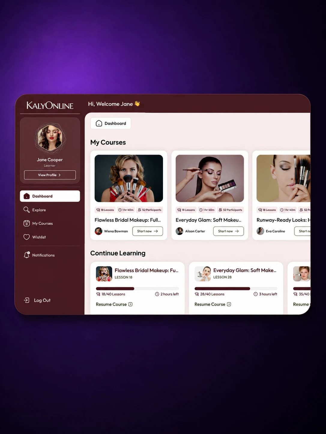 Online learning platform dashboard listing enrolled courses with lesson counts and progress